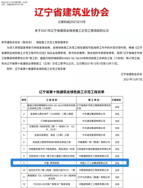 一公司一項工程獲評2021年遼寧省建筑業(yè)綠色施工示范工程